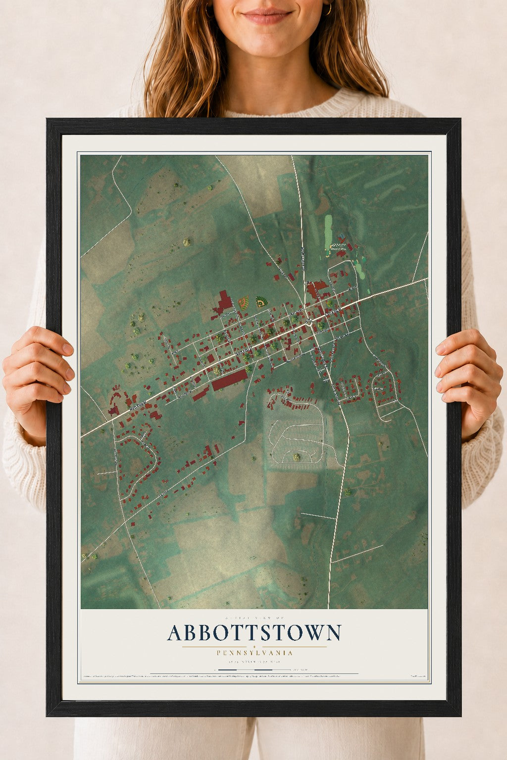 Map of Abbottstown, Pennsylvania, 18 x 24 inch print in a black wood frame