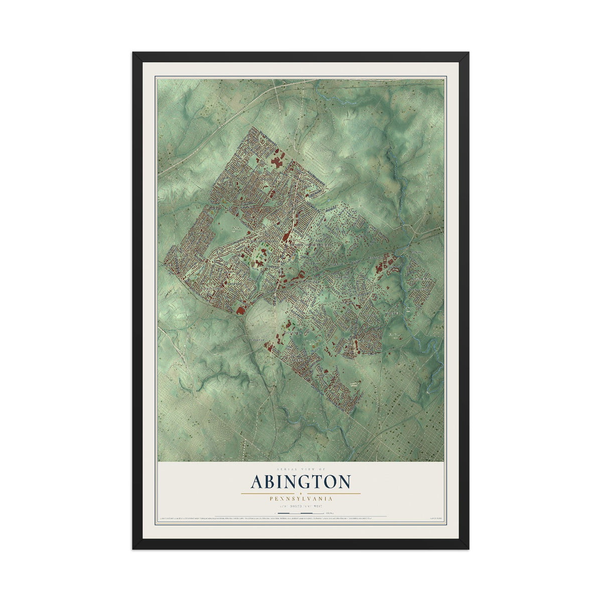 Map of Abington, Pennsylvania, 12 x 18 inch print in a black wood frame