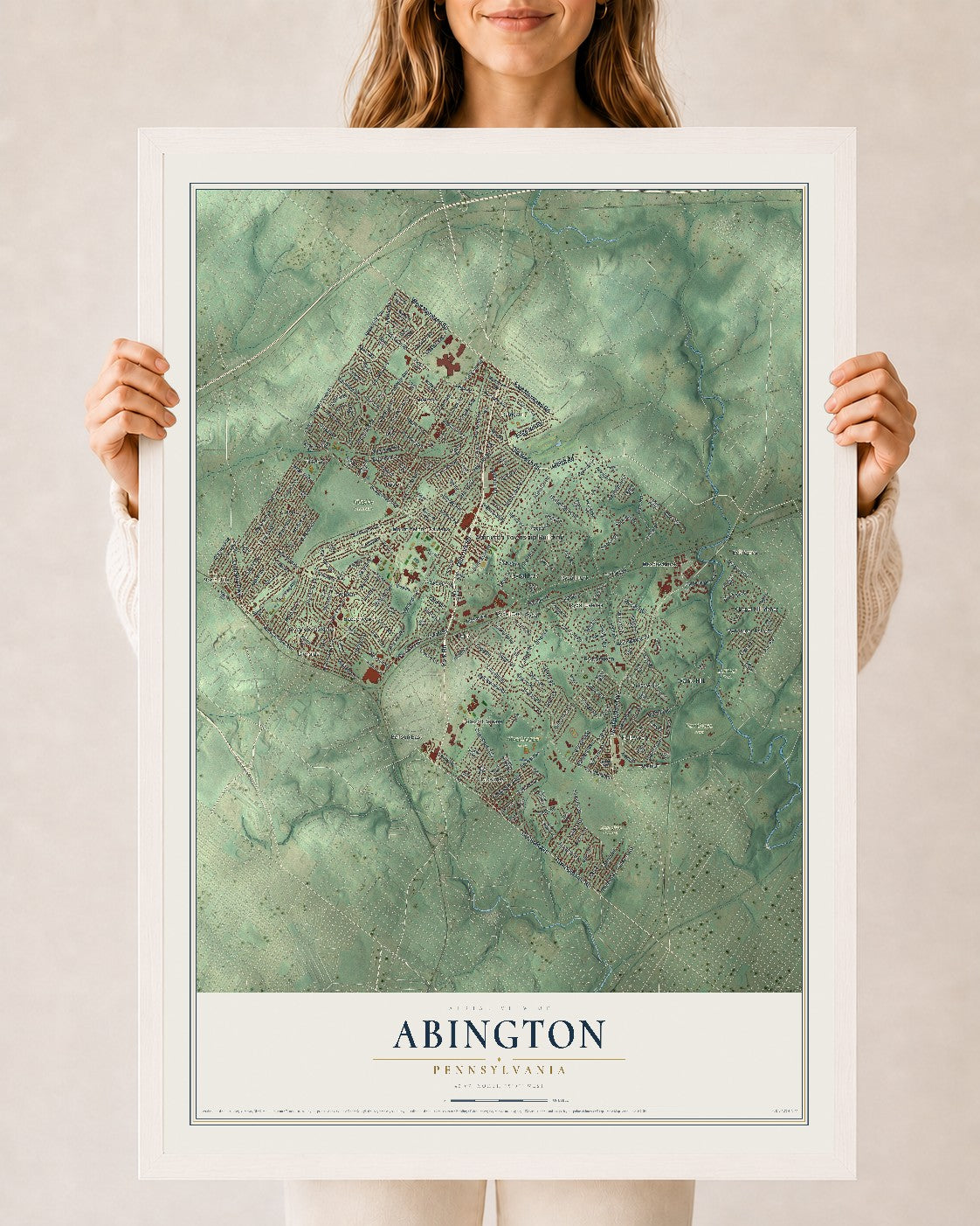 Map of Abington, Pennsylvania, 24 x 36 inch print in a white wood frame