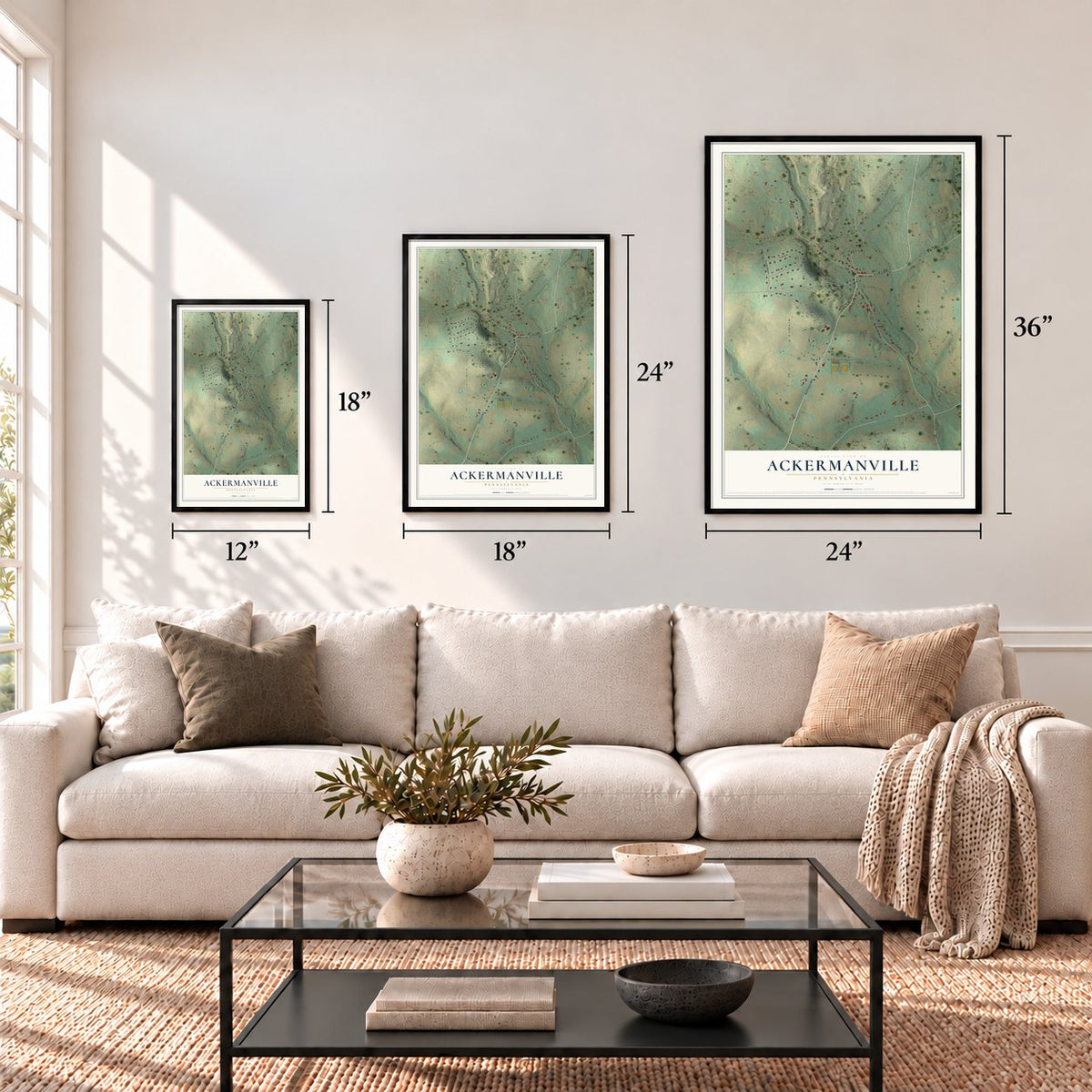Ackermanville, Pennsylvania map in 12 x 18, 18 x 24 and 24 x 36 inch sizes above a sofa