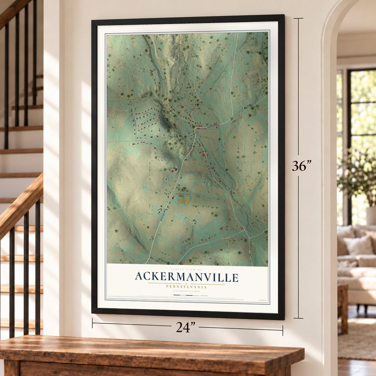 Ackermanville, Pennsylvania map, 24 x 36 inch print in a black frame by a staircase