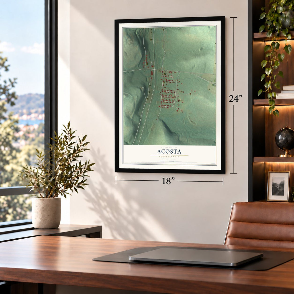 Acosta, Pennsylvania map, 18 x 24 inch print in a black frame in a home office