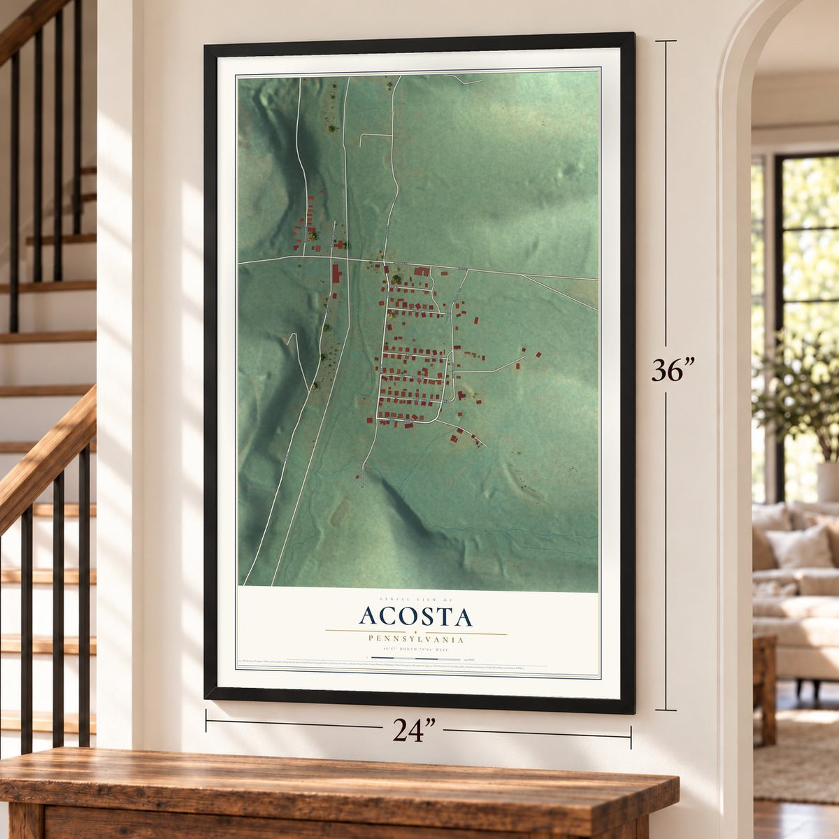 Acosta, Pennsylvania map, 24 x 36 inch print in a black frame by a staircase