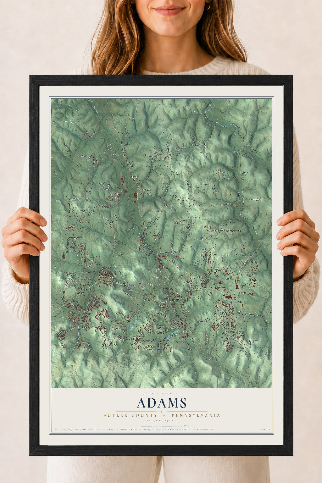 Map of Adams, Butler County, Pennsylvania, 18 x 24 inch print in a black wood frame