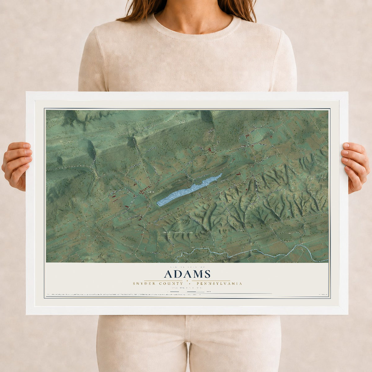 Map of Adams, Snyder County, Pennsylvania, 12 x 18 inch print in a white wood frame