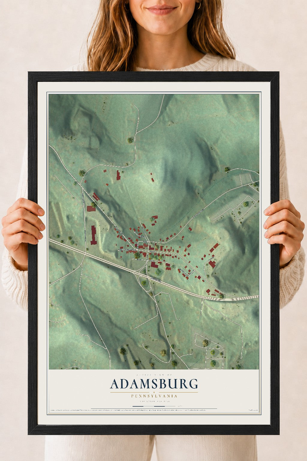Map of Adamsburg, Pennsylvania, 18 x 24 inch print in a black wood frame