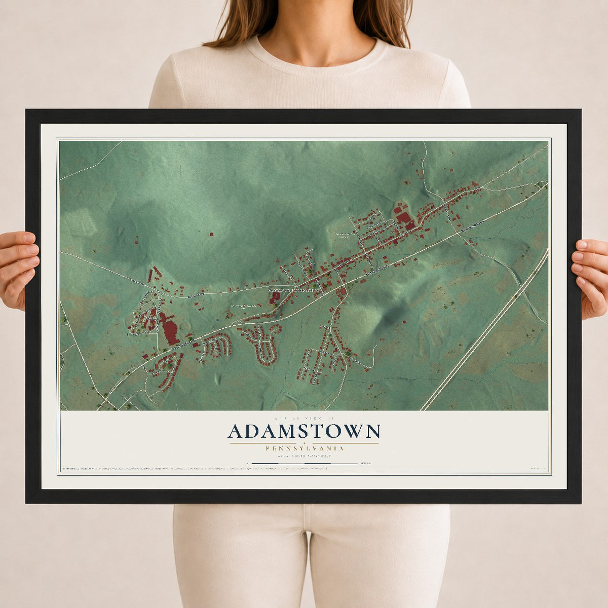 Map of Adamstown, Pennsylvania, 18 x 24 inch print in a black wood frame