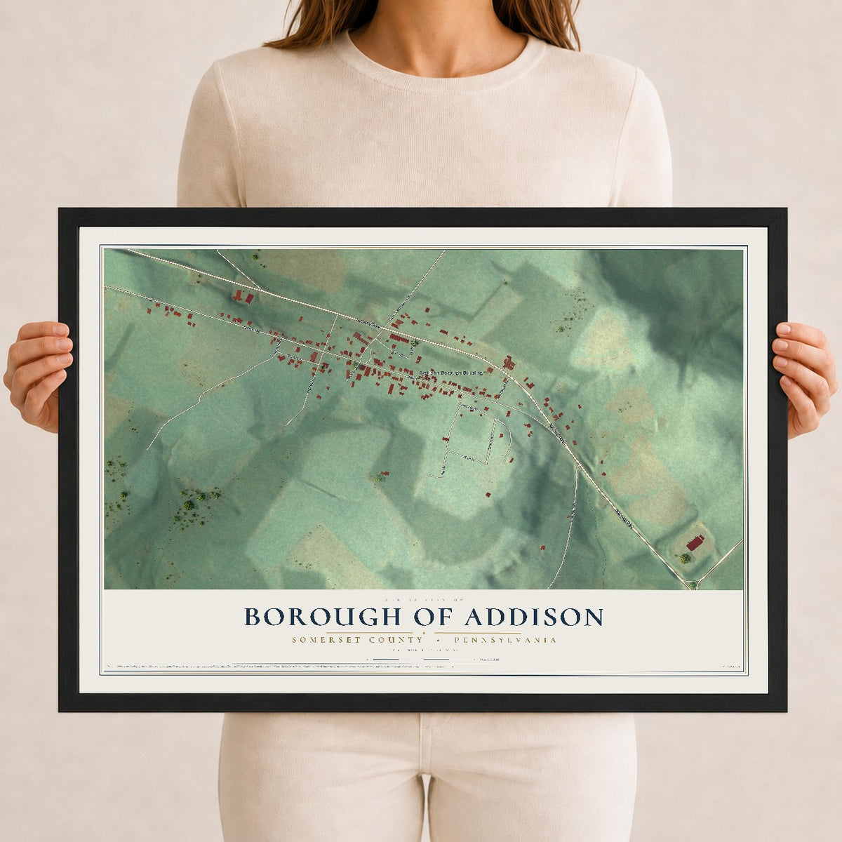 Map of the Borough of Addison, Somerset County, Pennsylvania, 12 x 18 inch print in a black wood frame