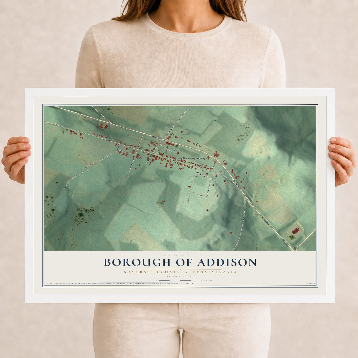 Map of the Borough of Addison, Somerset County, Pennsylvania, 12 x 18 inch print in a white wood frame