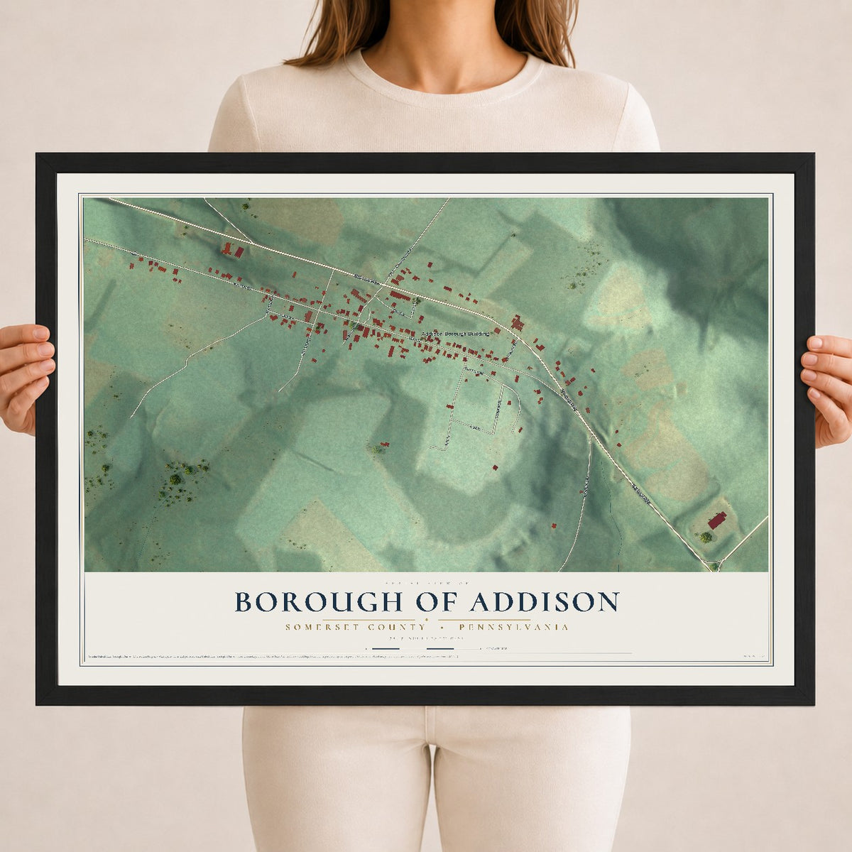 Map of the Borough of Addison, Somerset County, Pennsylvania, 18 x 24 inch print in a black wood frame