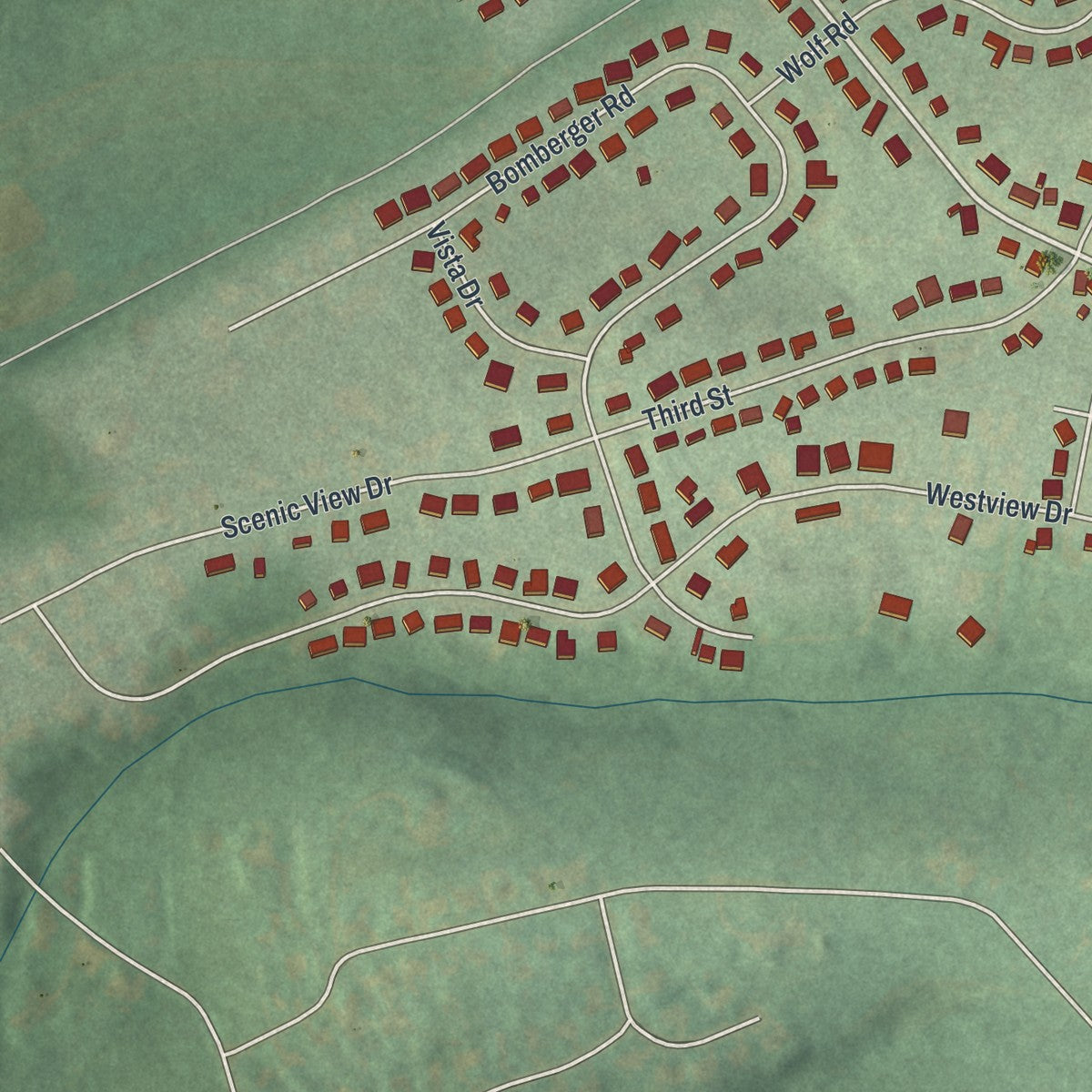 Second close-up of the map of Akron, Pennsylvania print showing more streets and buildings
