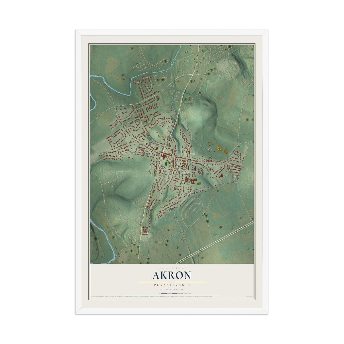 Map of Akron, Pennsylvania, 12 x 18 inch print in a white wood frame