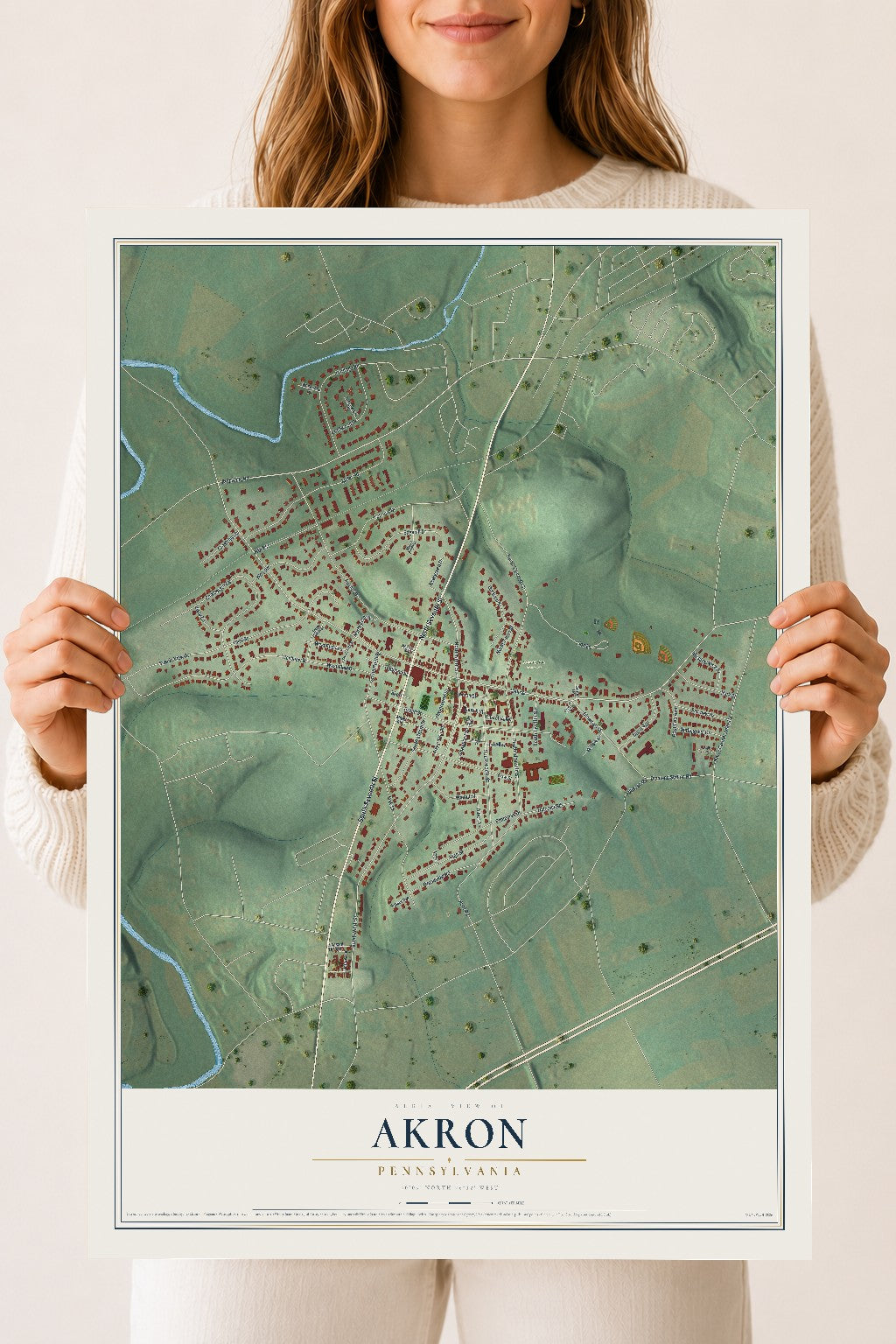 Map of Akron, Pennsylvania, 18 x 24 inch unframed archival matte print