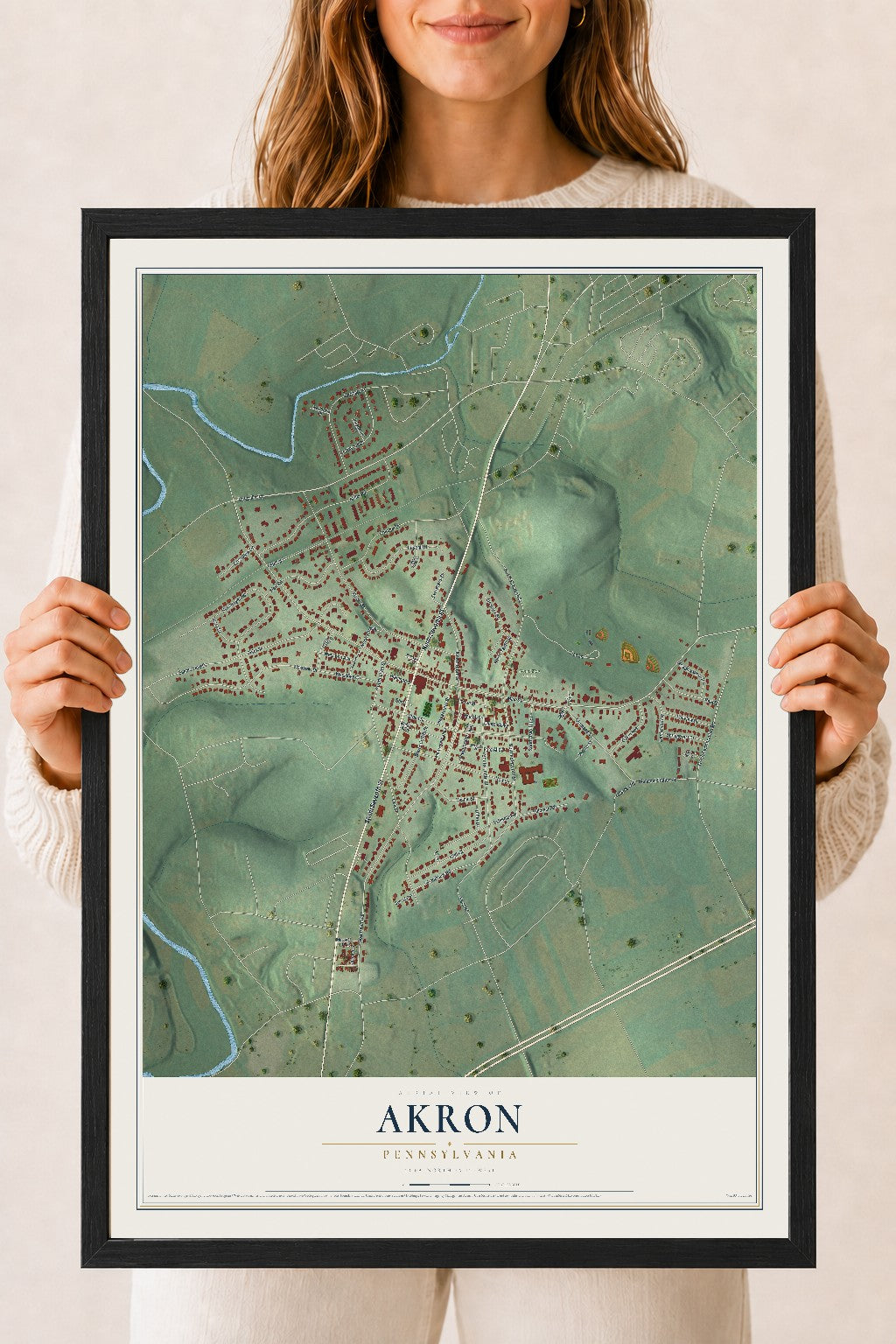 Map of Akron, Pennsylvania, 18 x 24 inch print in a black wood frame