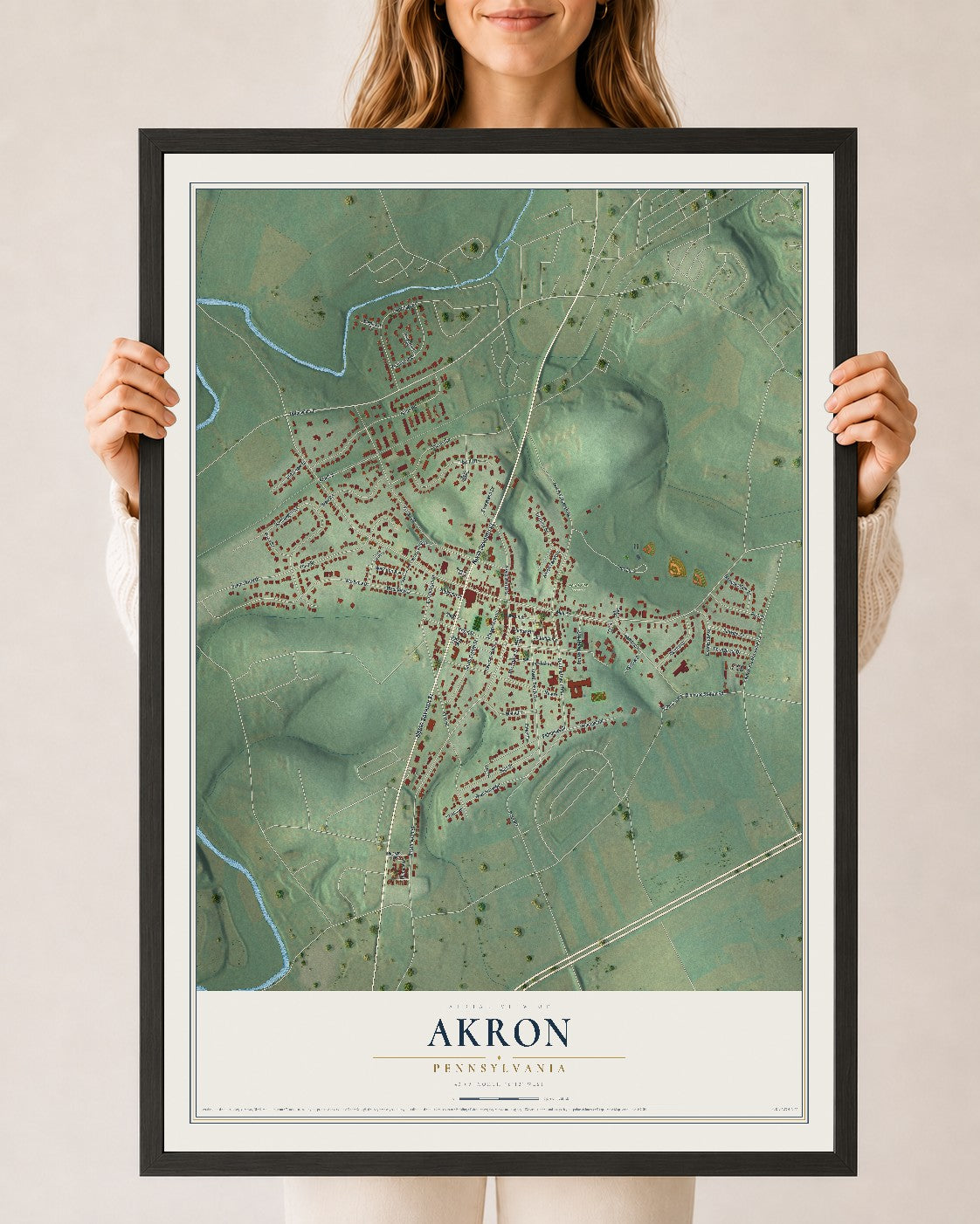 Map of Akron, Pennsylvania, 24 x 36 inch print in a black wood frame