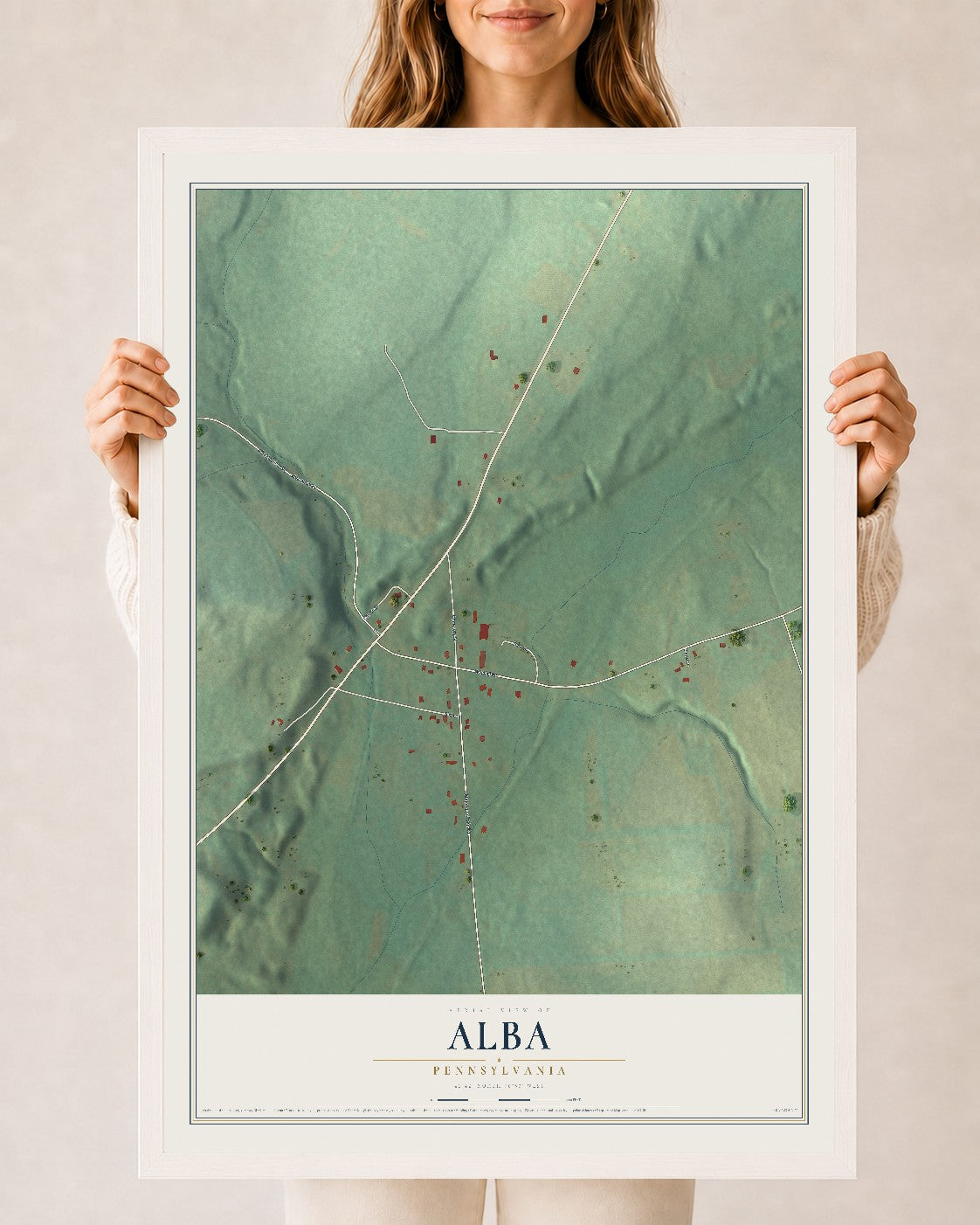 Map of Alba, Pennsylvania, 24 x 36 inch print in a white wood frame