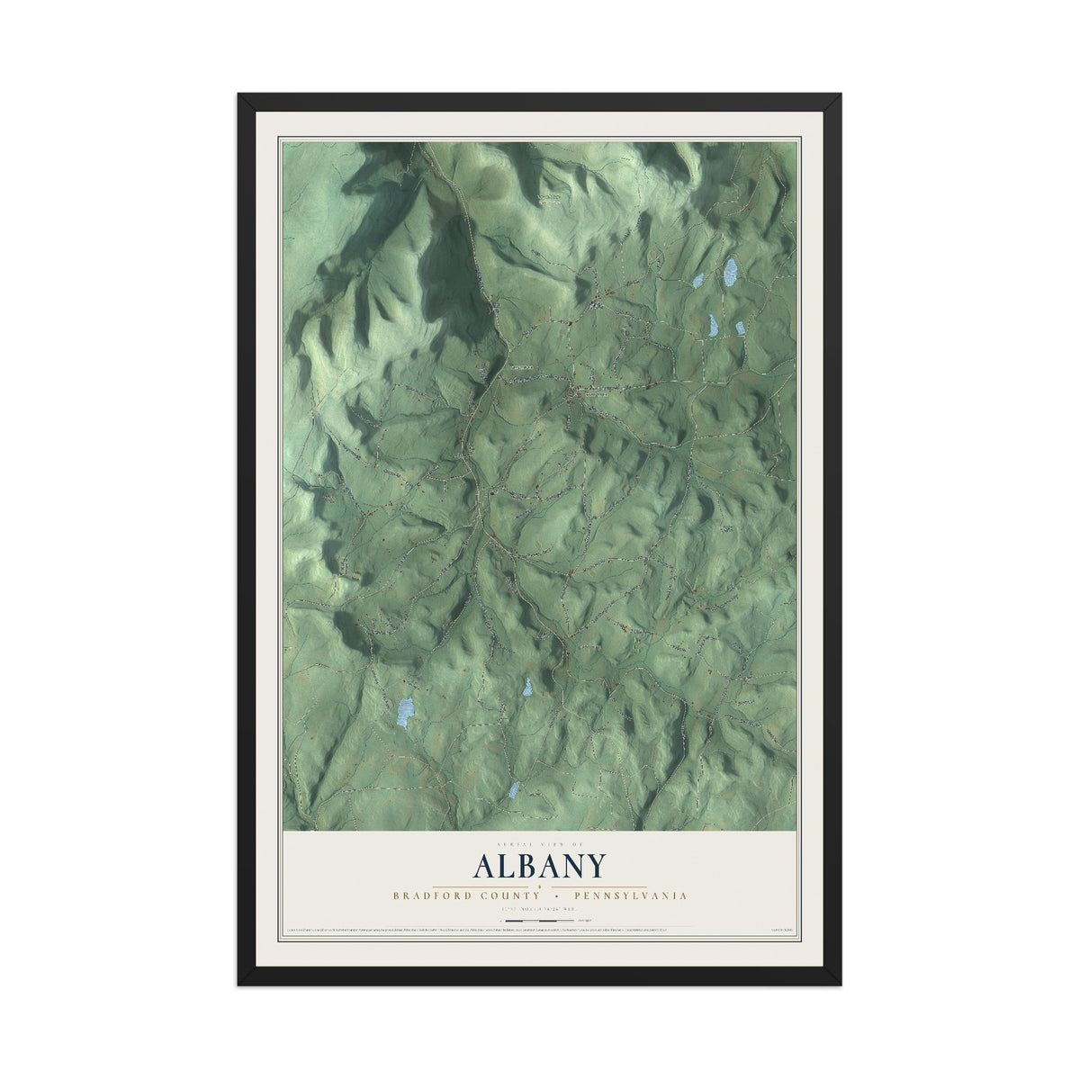 Map of Albany, Bradford County, Pennsylvania, 12 x 18 inch print in a black wood frame
