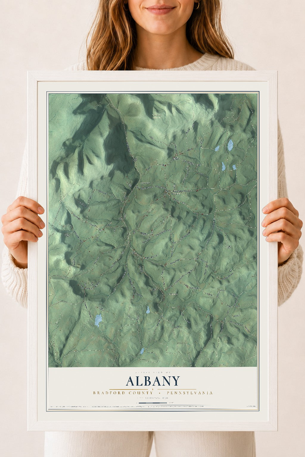 Map of Albany, Bradford County, Pennsylvania, 18 x 24 inch print in a white wood frame