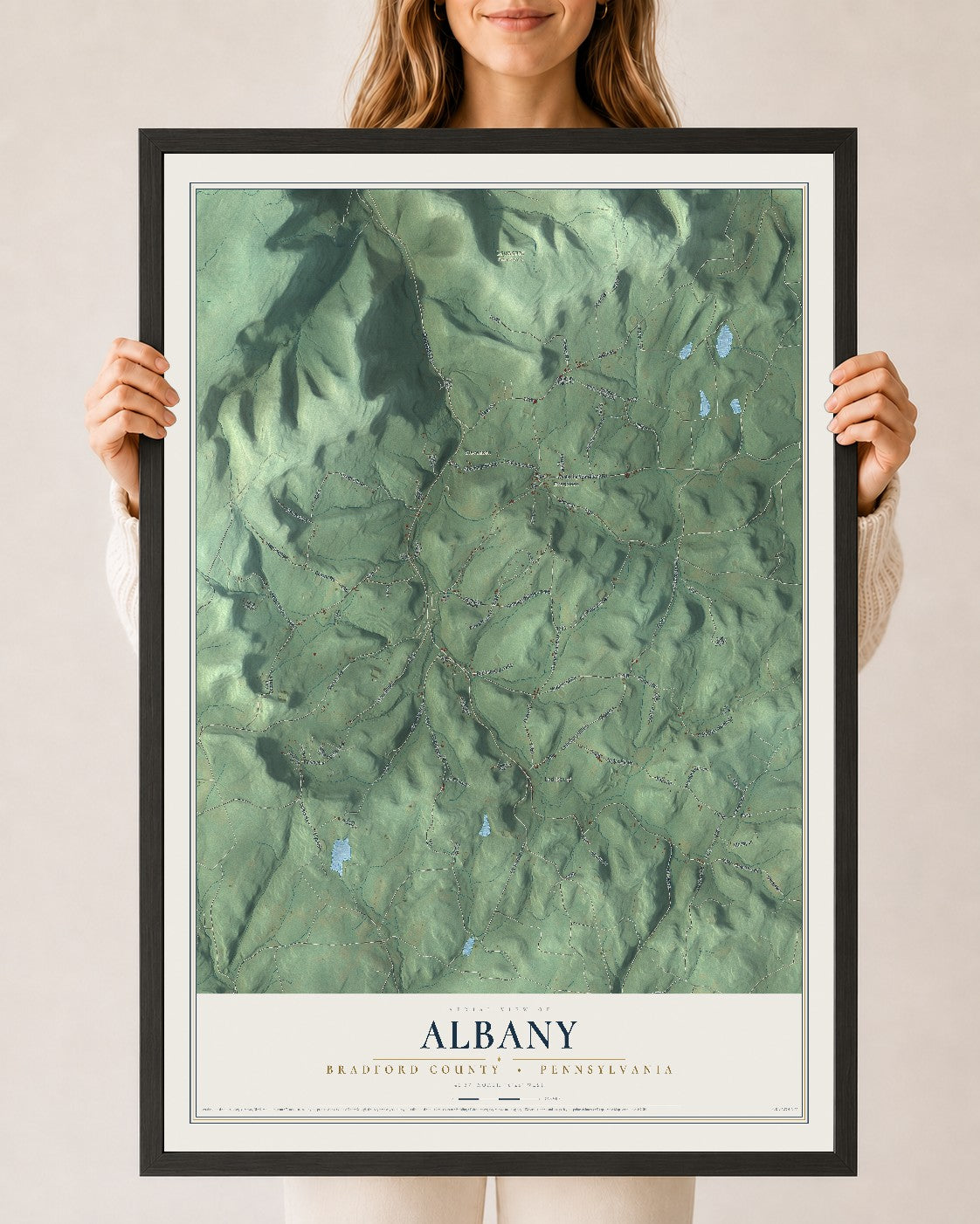 Map of Albany, Bradford County, Pennsylvania, 24 x 36 inch print in a black wood frame
