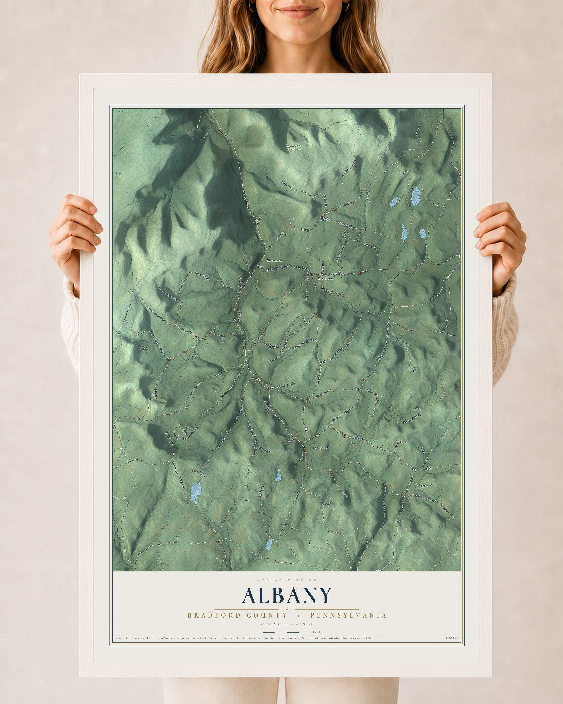 Map of Albany, Bradford County, Pennsylvania, 24 x 36 inch print in a white wood frame