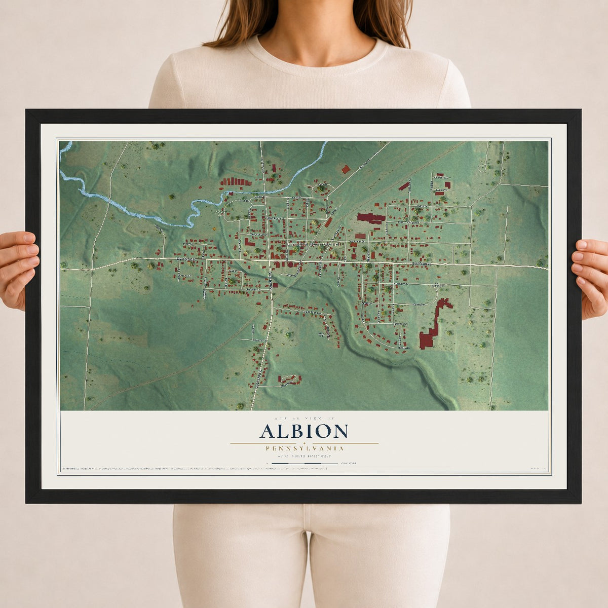 Map of Albion, Pennsylvania, 18 x 24 inch print in a black wood frame