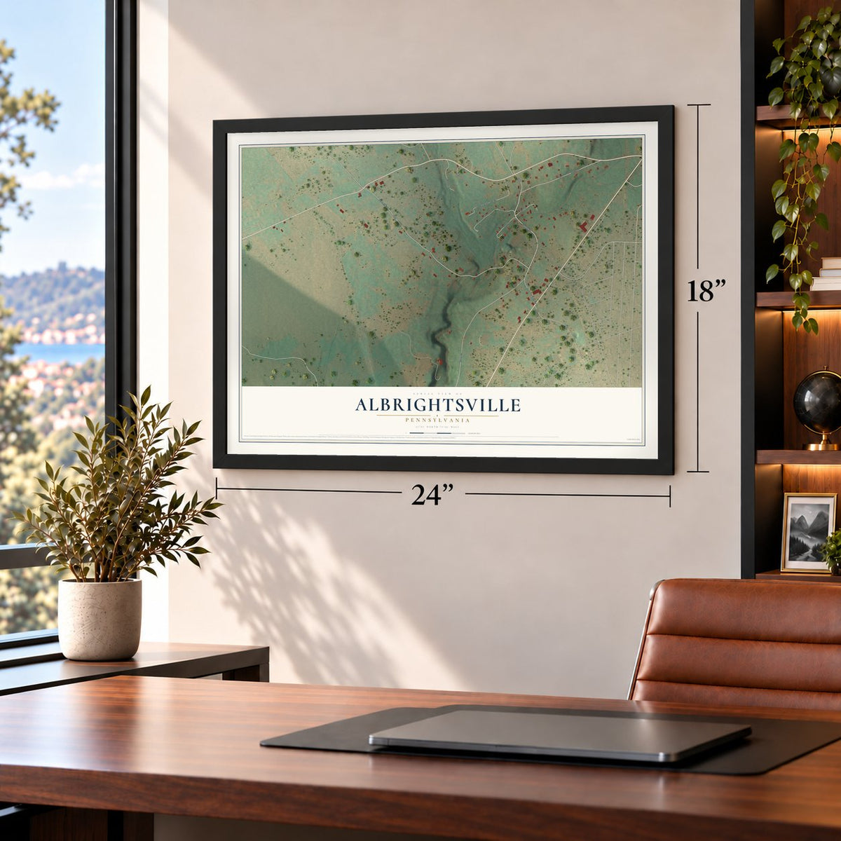 Albrightsville, Pennsylvania map, 18 x 24 inch print in a black frame in a home office