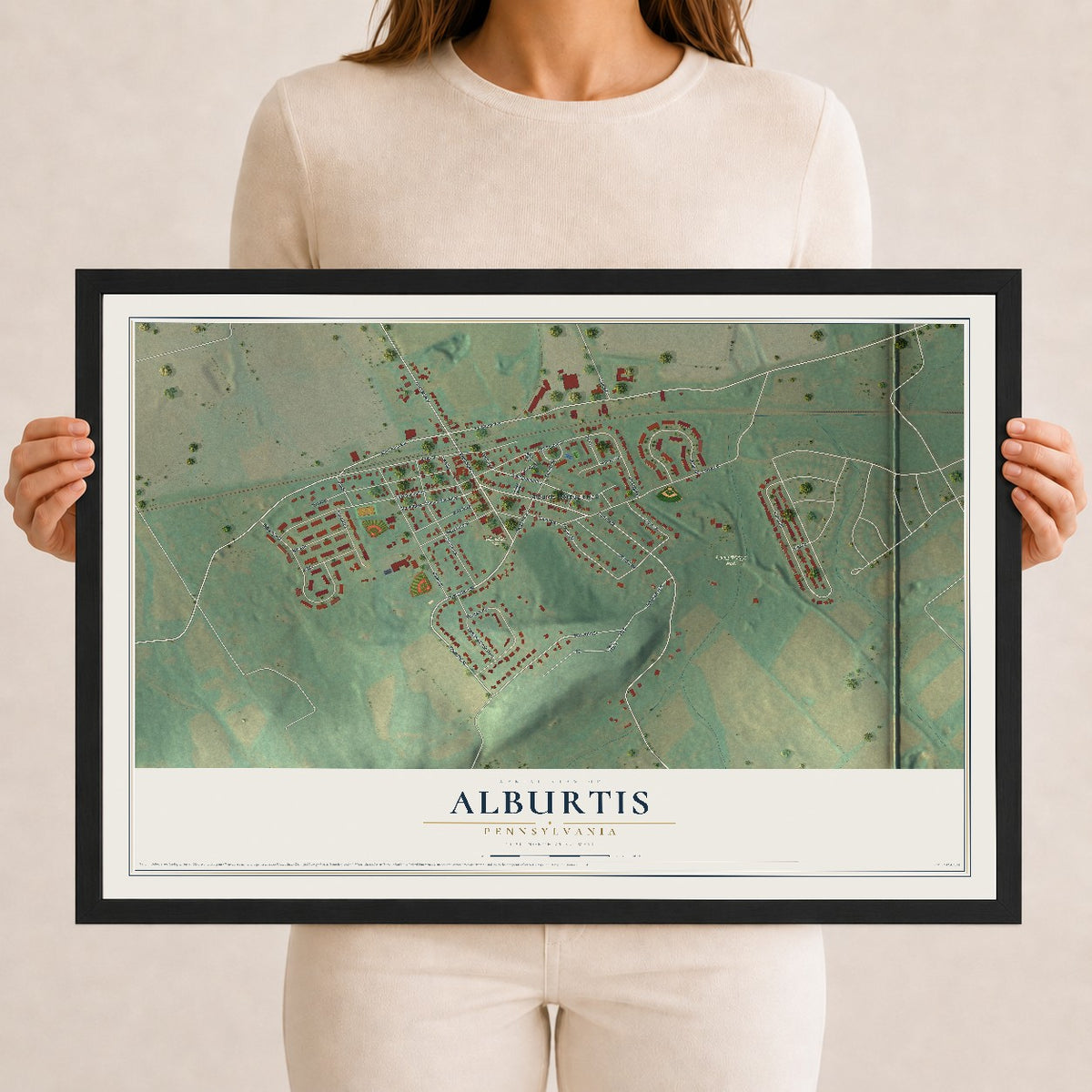 Map of Alburtis, Pennsylvania, 12 x 18 inch print in a black wood frame