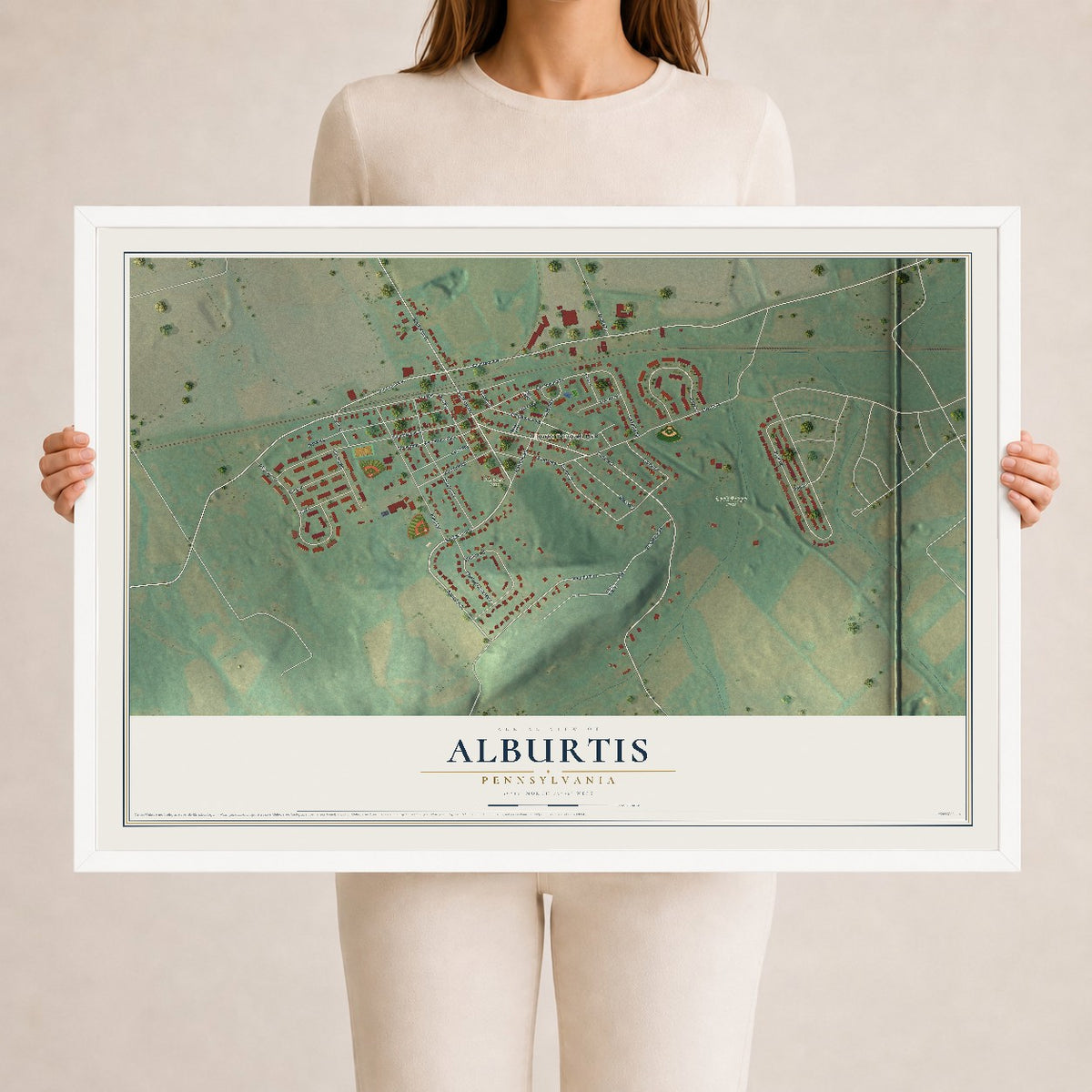Map of Alburtis, Pennsylvania, 24 x 36 inch print in a white wood frame