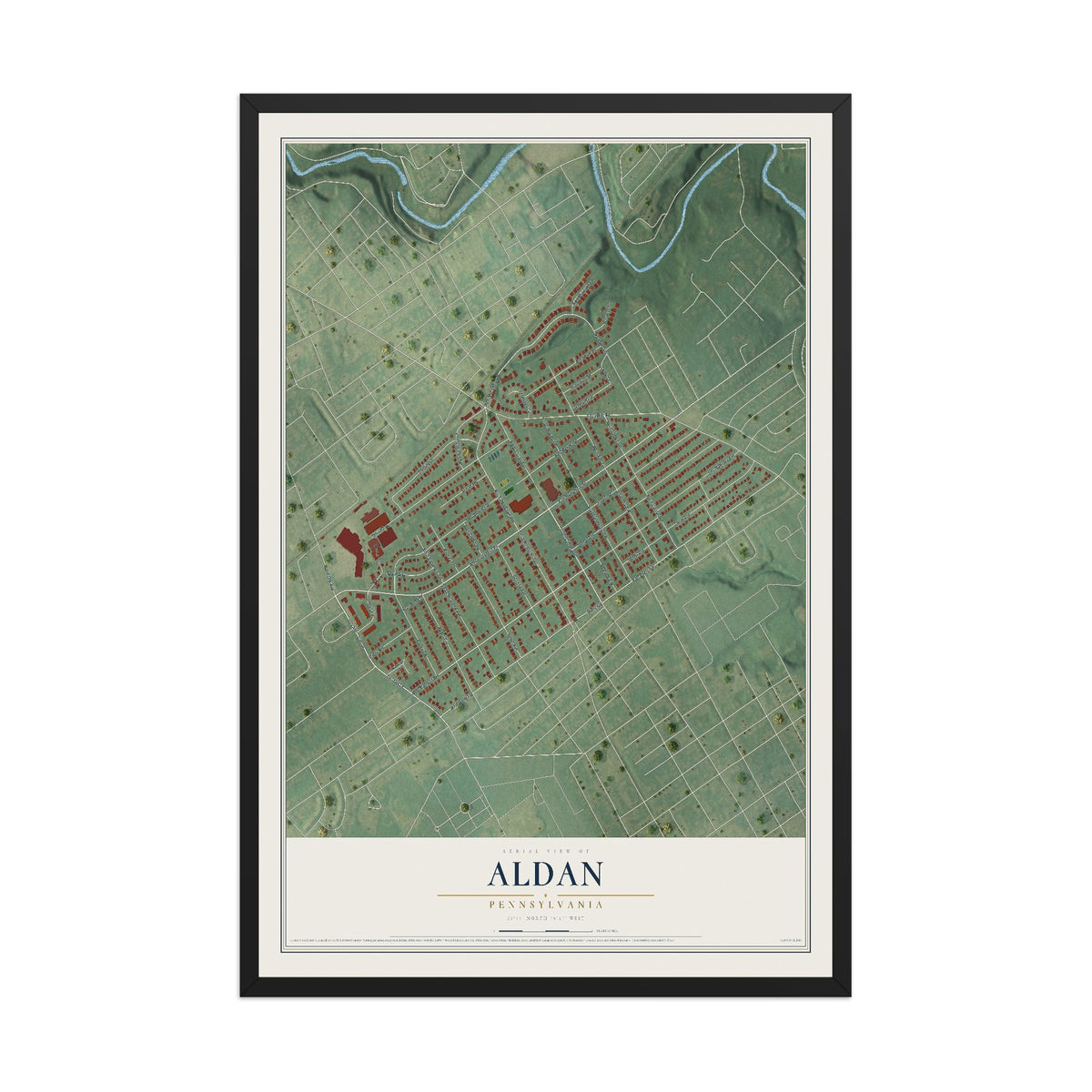 Map of Aldan, Pennsylvania, 12 x 18 inch print in a black wood frame