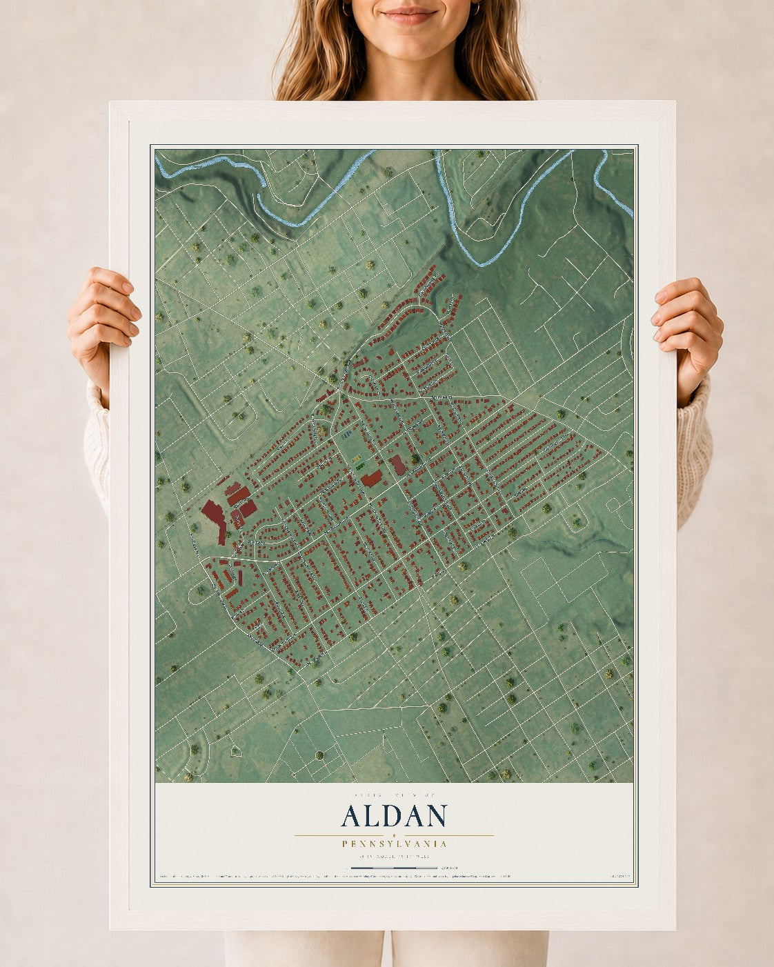 Map of Aldan, Pennsylvania, 24 x 36 inch print in a white wood frame