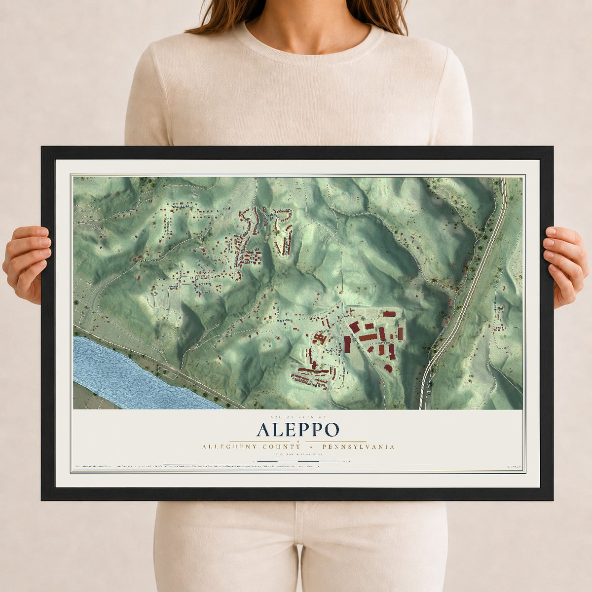 Map of Aleppo, Allegheny County, Pennsylvania, 12 x 18 inch print in a black wood frame