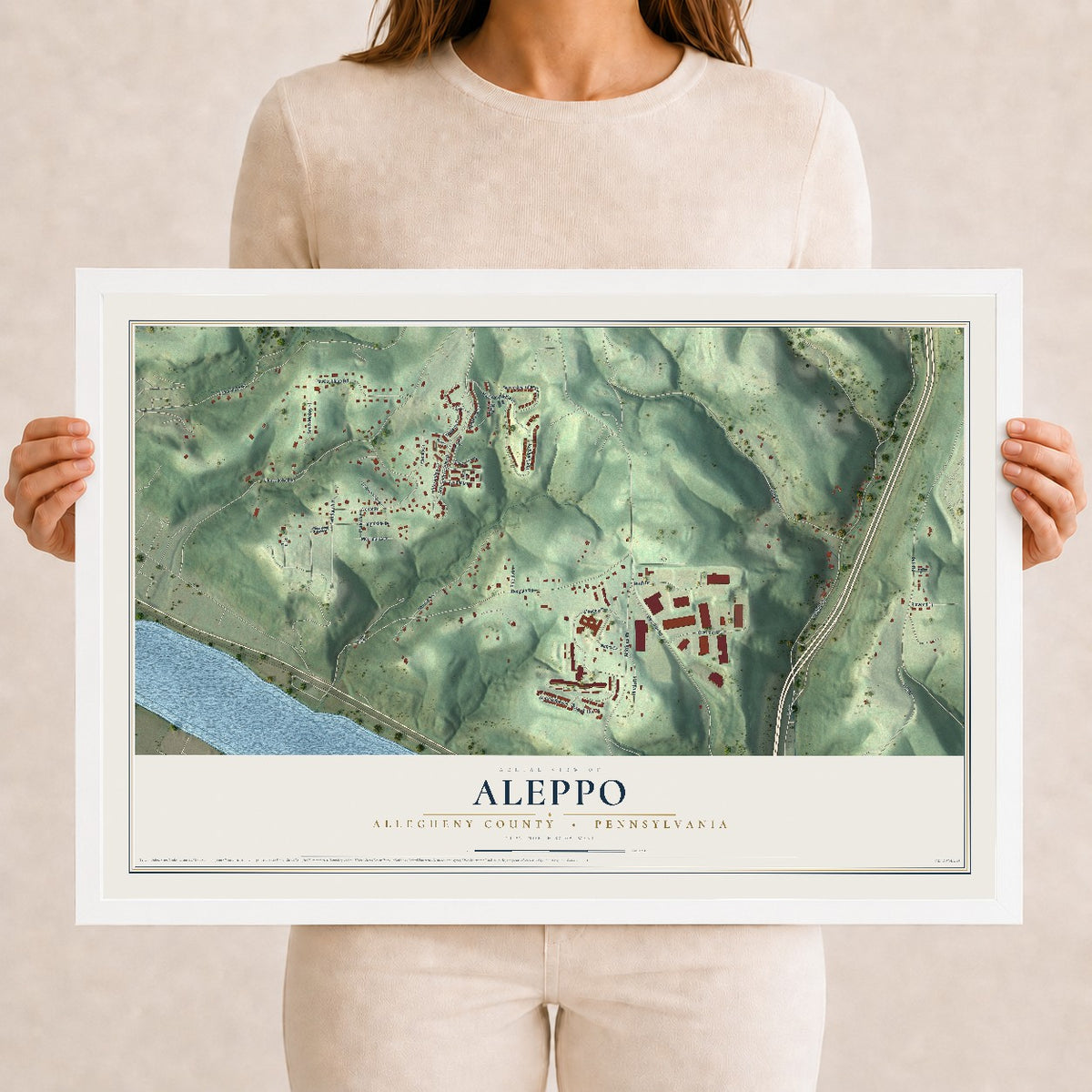 Map of Aleppo, Allegheny County, Pennsylvania, 12 x 18 inch print in a white wood frame