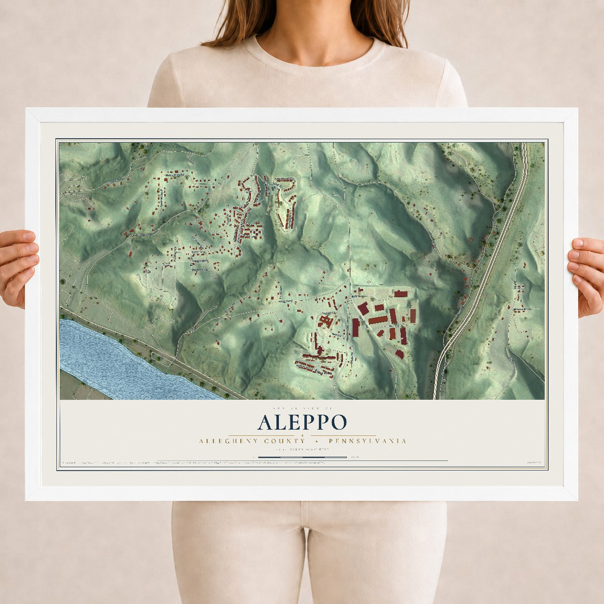 Map of Aleppo, Allegheny County, Pennsylvania, 18 x 24 inch print in a white wood frame