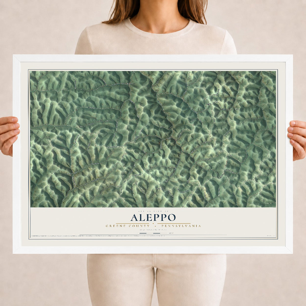 Map of Aleppo, Greene County, Pennsylvania, 18 x 24 inch print in a white wood frame