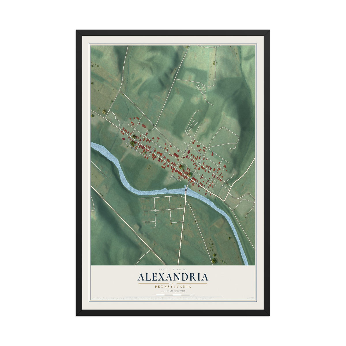 Map of Alexandria, Pennsylvania, 12 x 18 inch print in a black wood frame