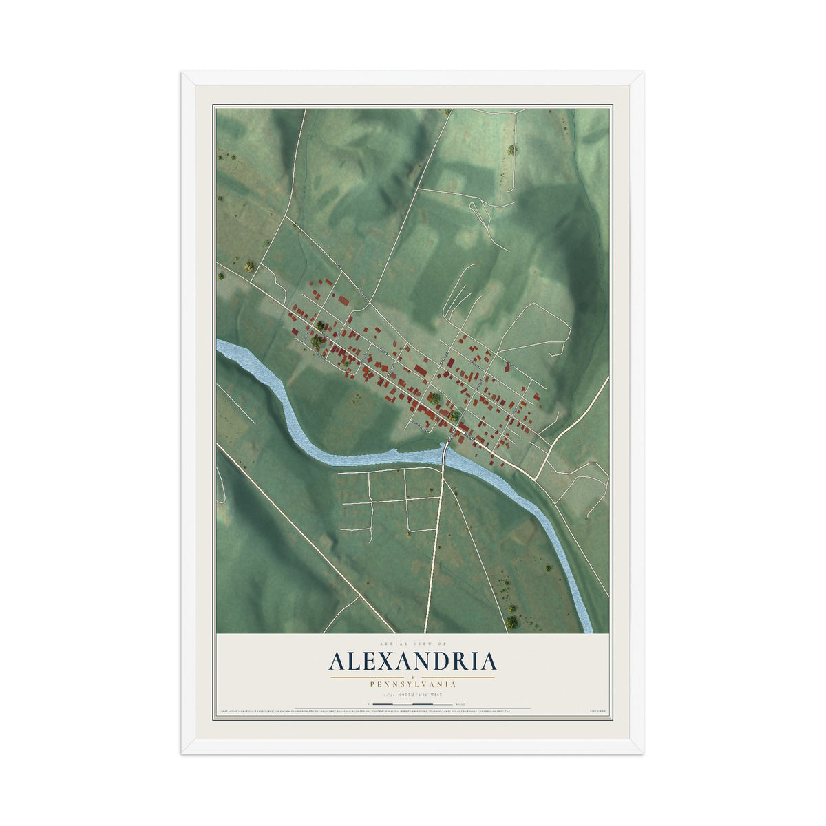 Map of Alexandria, Pennsylvania, 12 x 18 inch print in a white wood frame