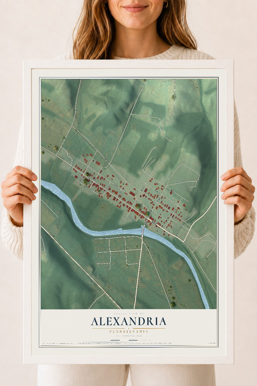Map of Alexandria, Pennsylvania, 18 x 24 inch print in a white wood frame
