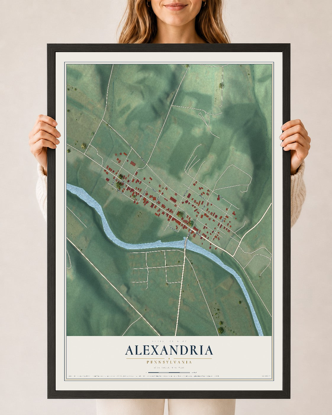 Map of Alexandria, Pennsylvania, 24 x 36 inch print in a black wood frame