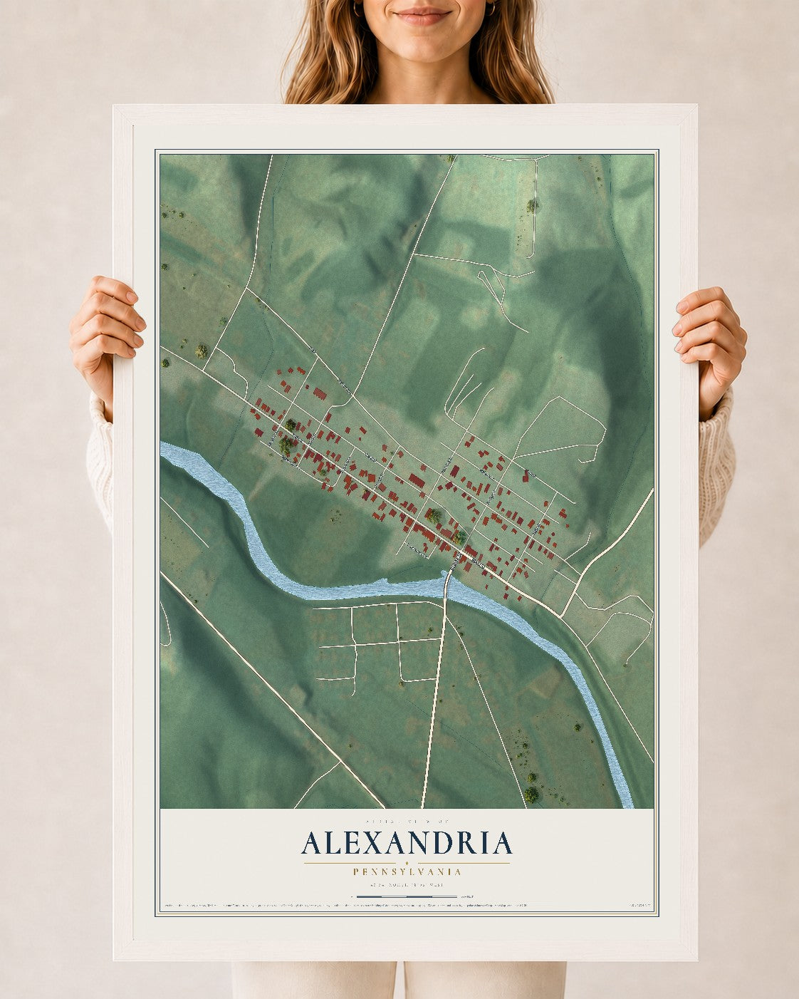 Map of Alexandria, Pennsylvania, 24 x 36 inch print in a white wood frame