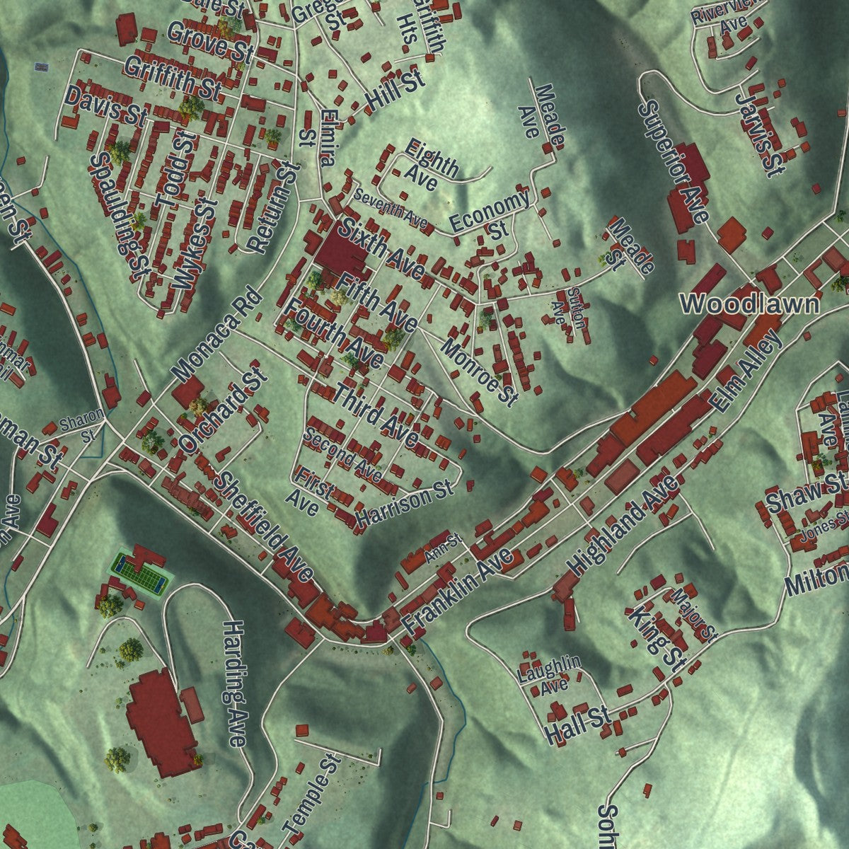 Second close-up of the map of Aliquippa, Pennsylvania print showing more streets and buildings