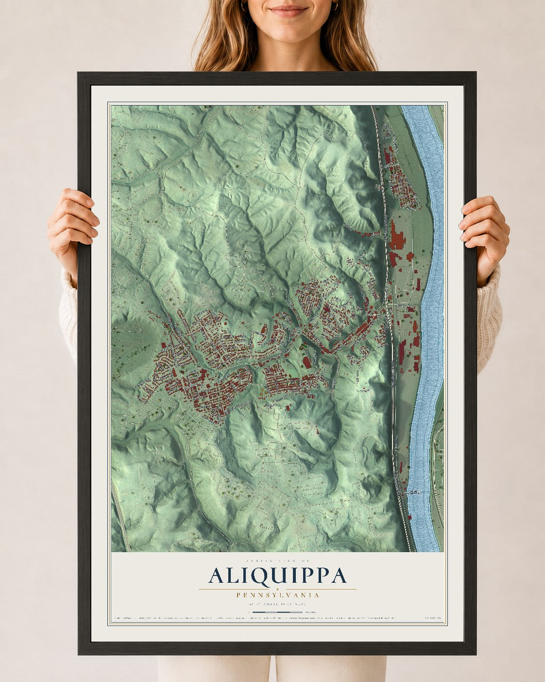 Map of Aliquippa, Pennsylvania, 24 x 36 inch print in a black wood frame