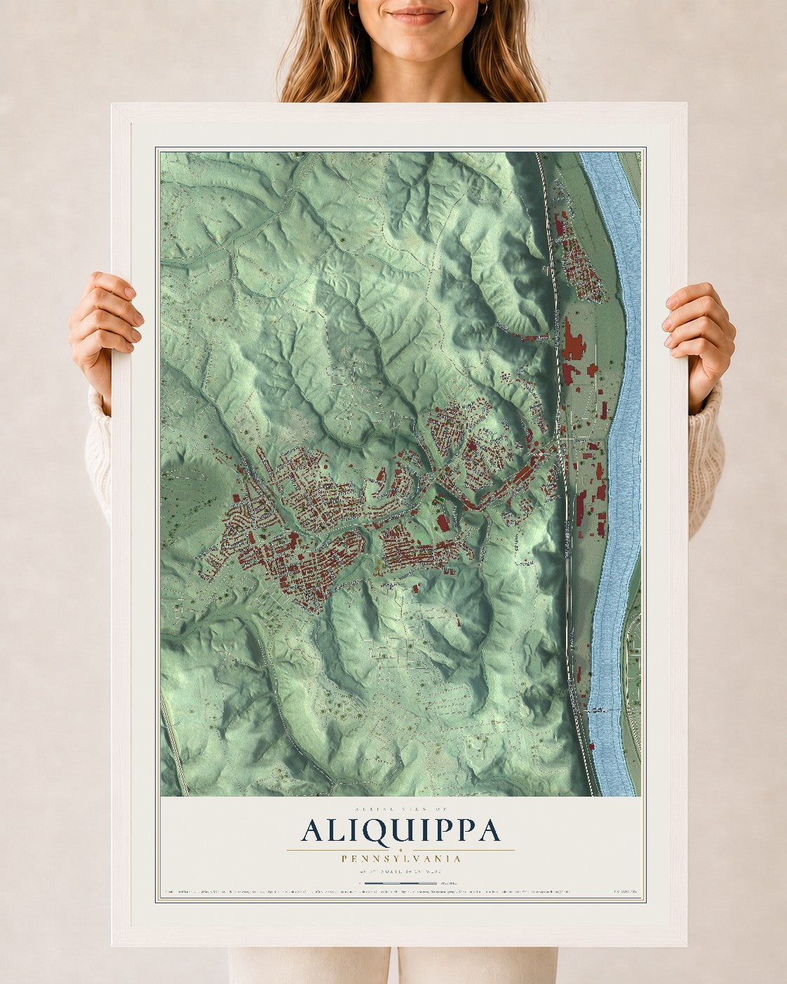 Map of Aliquippa, Pennsylvania, 24 x 36 inch print in a white wood frame