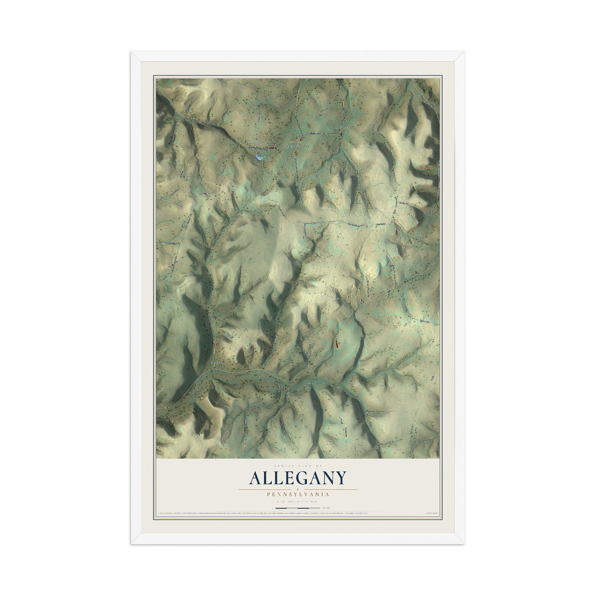 Map of Allegany, Pennsylvania, 12 x 18 inch print in a white wood frame