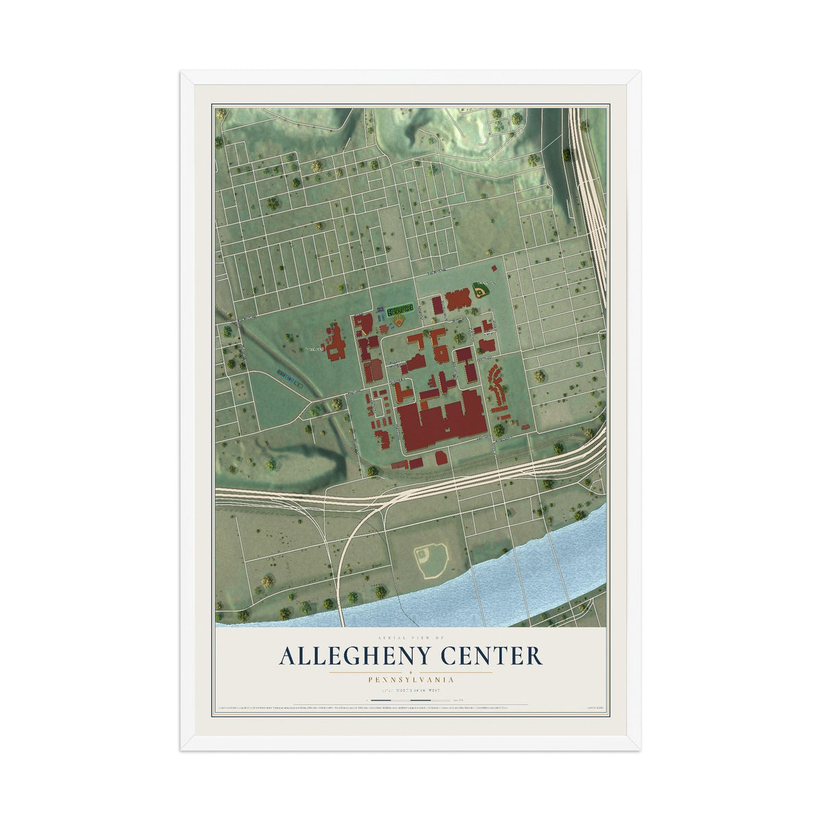 Map of Allegheny Center, Pennsylvania, 12 x 18 inch print in a white wood frame