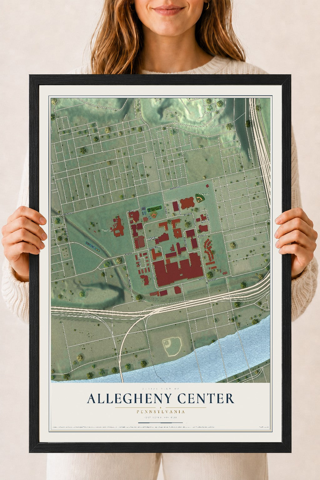 Map of Allegheny Center, Pennsylvania, 18 x 24 inch print in a black wood frame