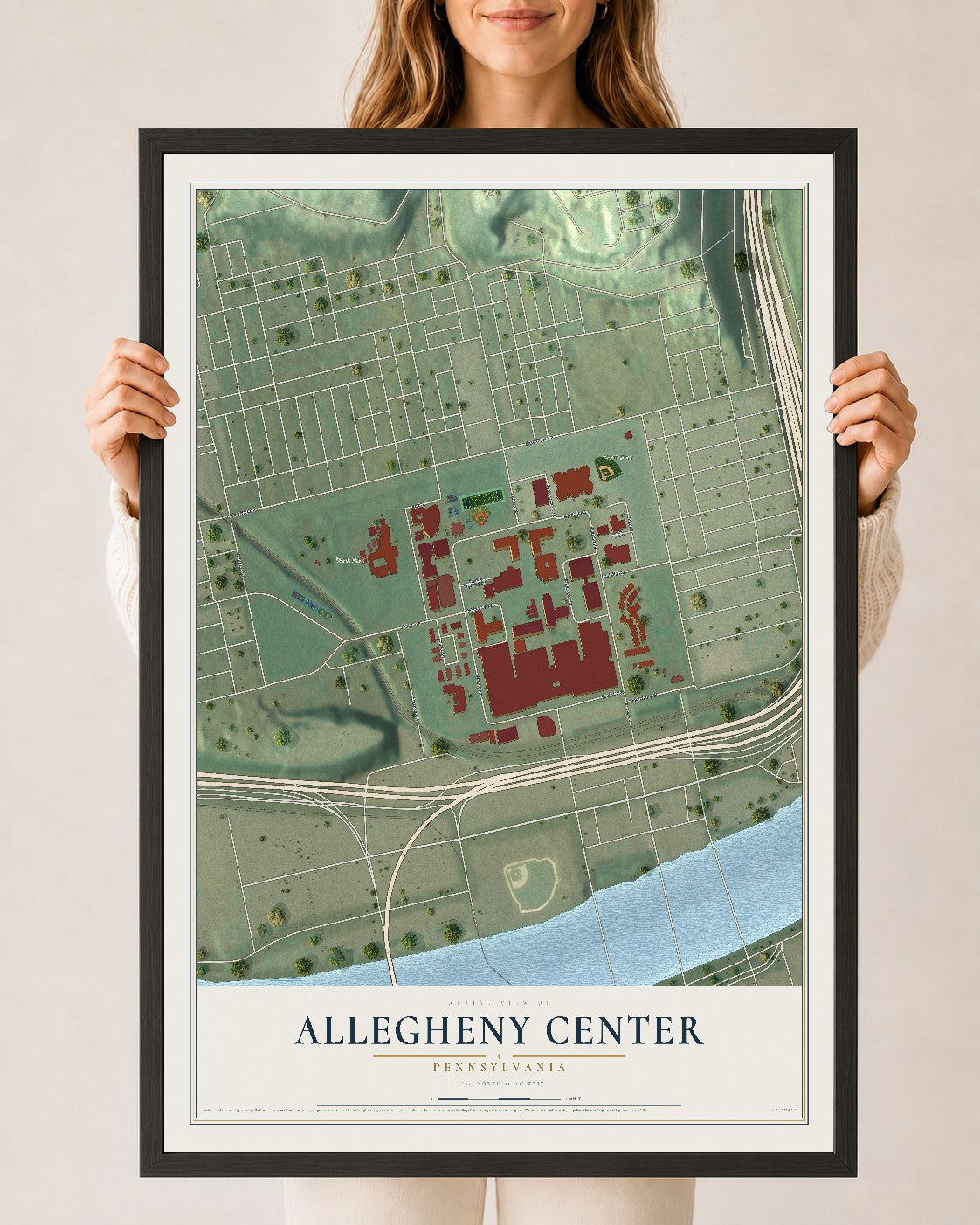 Map of Allegheny Center, Pennsylvania, 24 x 36 inch print in a black wood frame