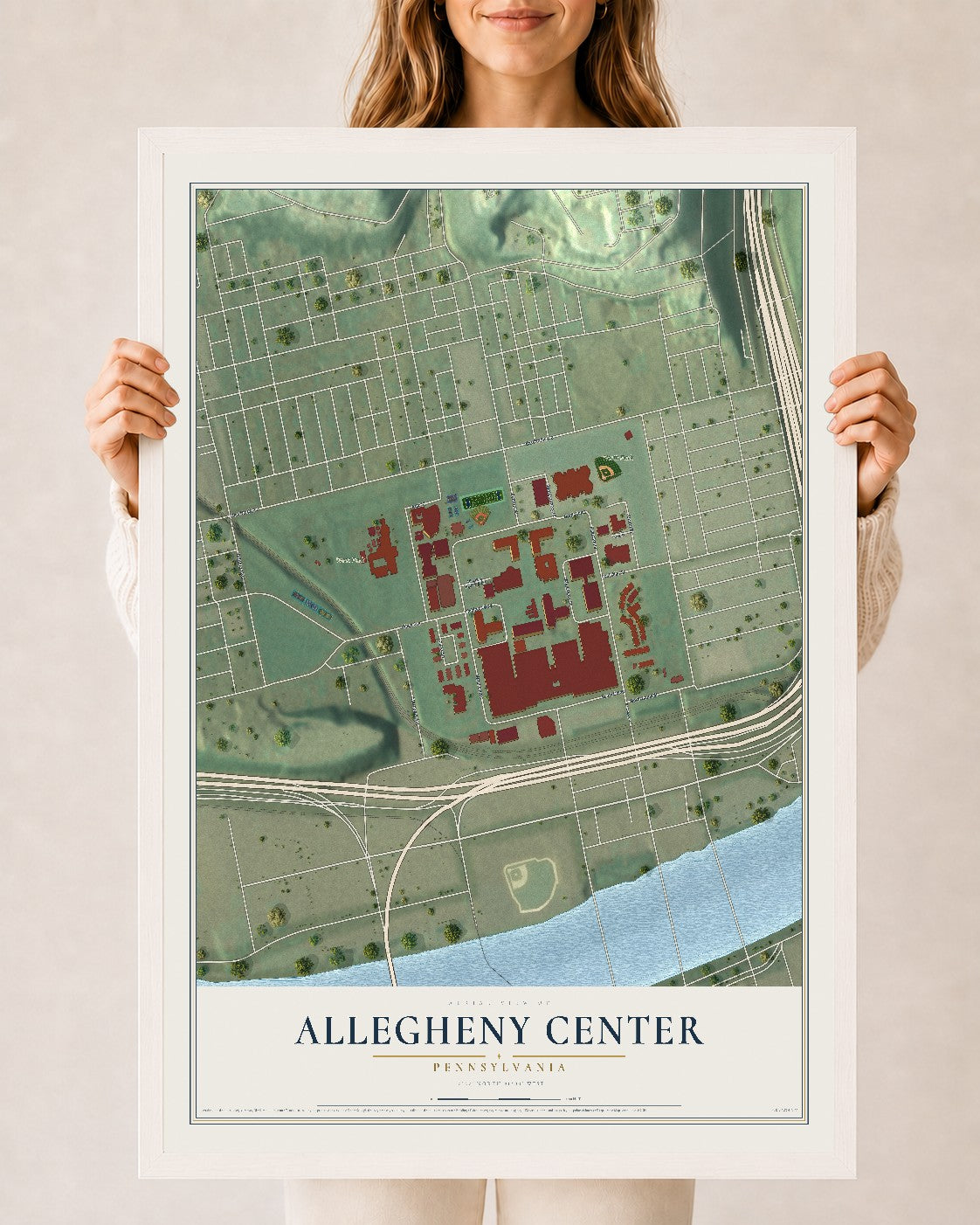 Map of Allegheny Center, Pennsylvania, 24 x 36 inch print in a white wood frame