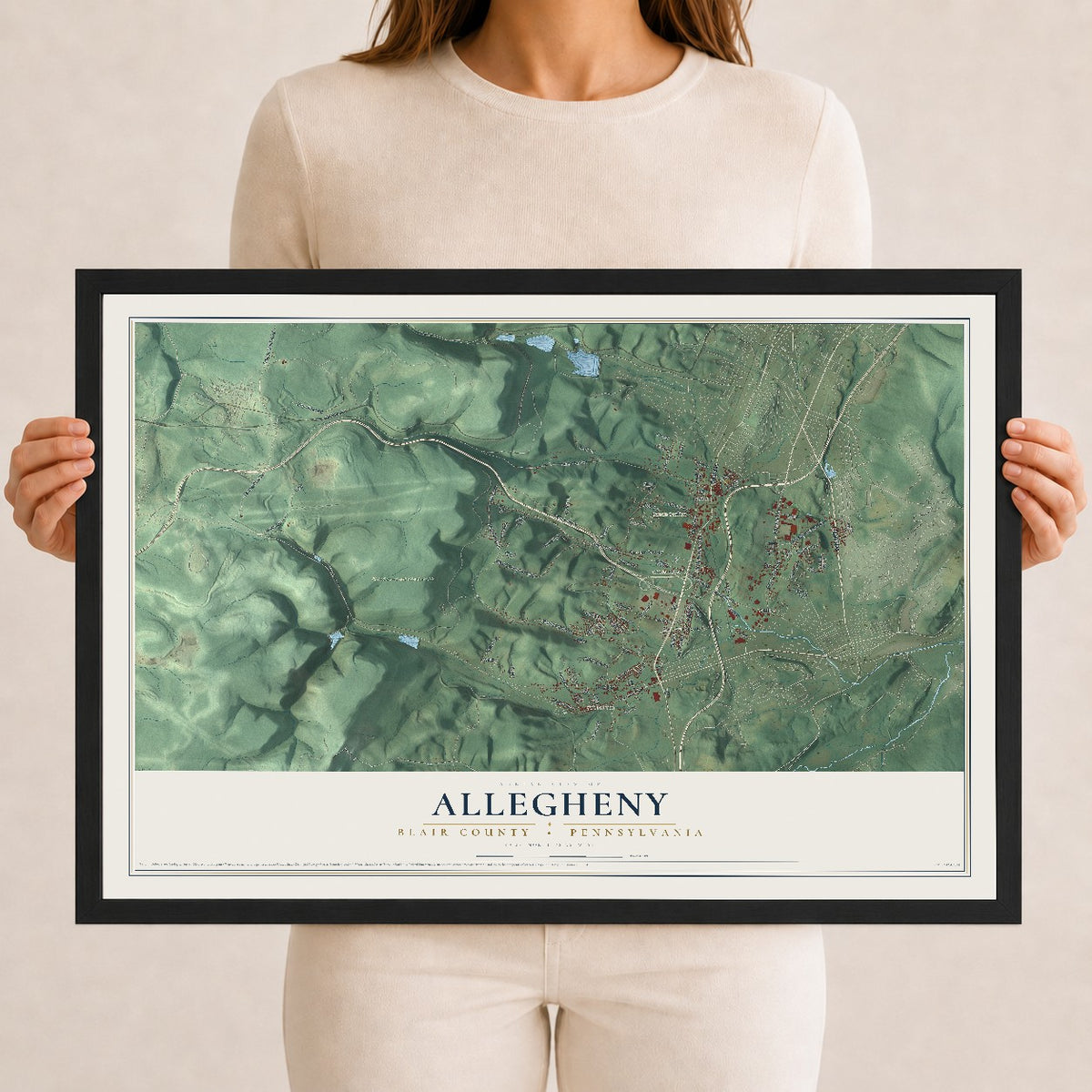 Map of Allegheny, Blair County, Pennsylvania, 12 x 18 inch print in a black wood frame