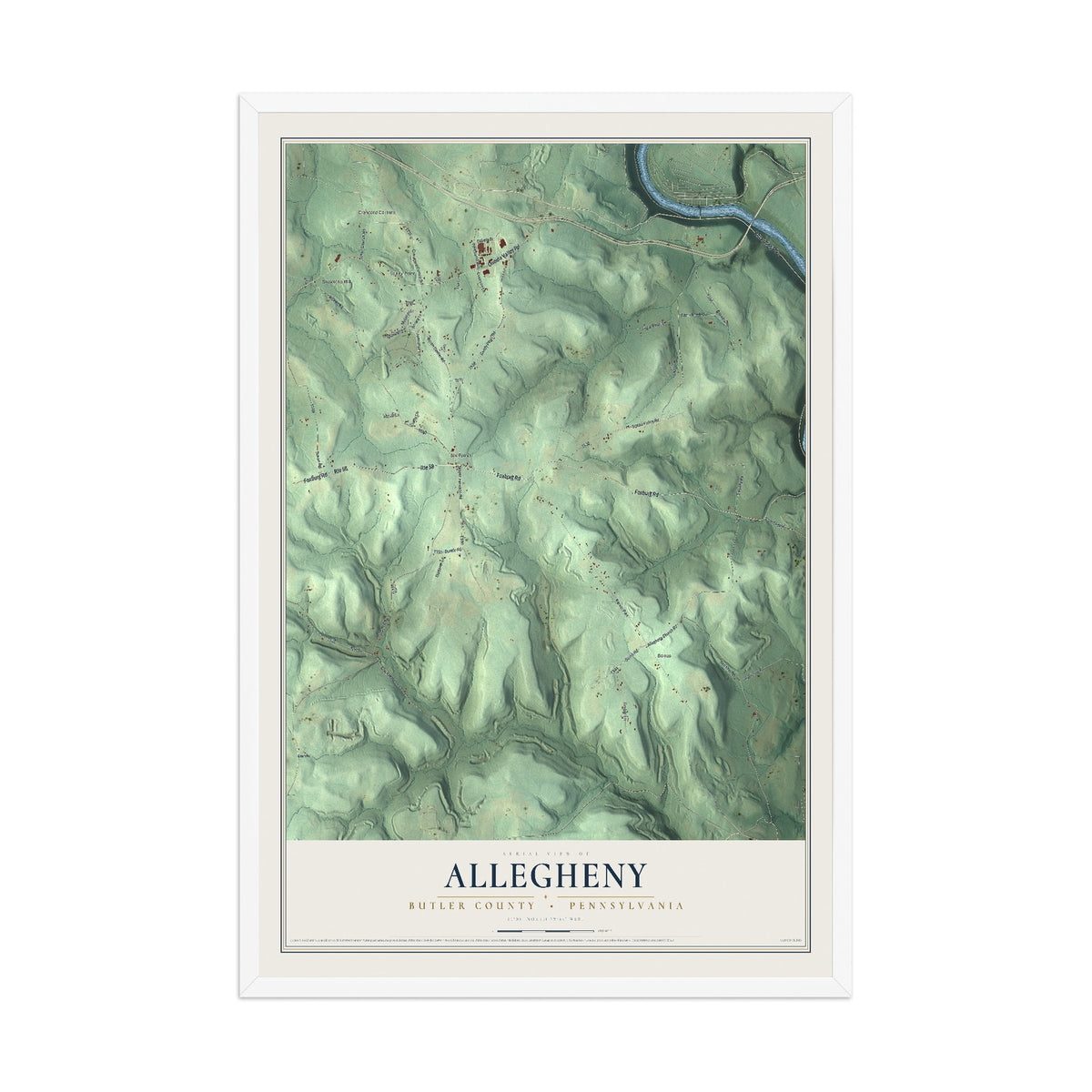 Map of Allegheny, Butler County, Pennsylvania, 12 x 18 inch print in a white wood frame