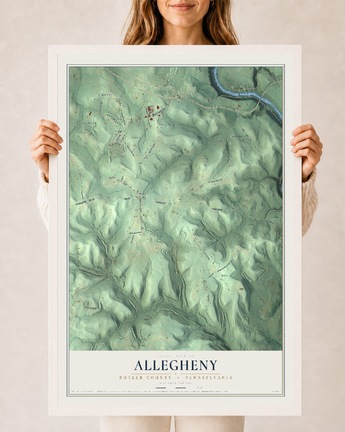 Map of Allegheny, Butler County, Pennsylvania, 24 x 36 inch print in a white wood frame